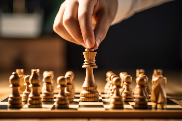 Man hand neemt schaakstukken op schaakbord Strategie en tactiek om te winnen