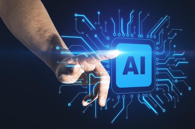 ぼやけた背景に抽象的な青い AI チップを指している男の手人工知能ハードウェア hud と革新の概念