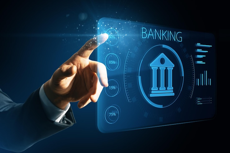 Photo man hand pointing at creative online banking hologram on blue blurry background ai and automation concept double exposure