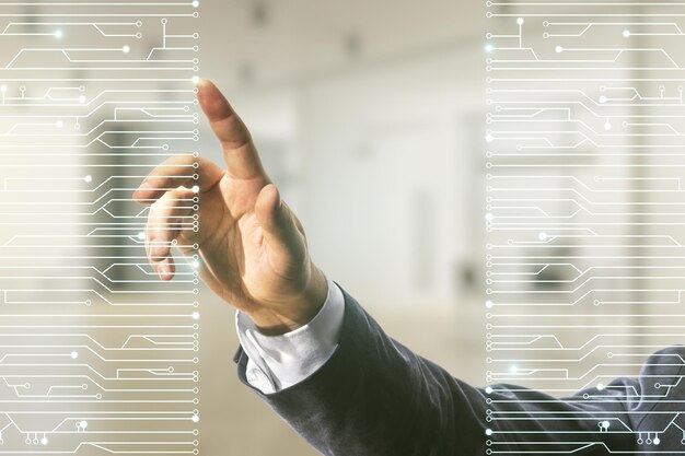 Photo man hand presses on abstract virtual microscheme illustration on blurred office background big data and database concept multiexposure