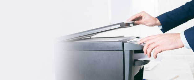 Man hand printer on white background