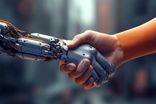 Foto mano dell'uomo che agita la mano del robot ia generativa