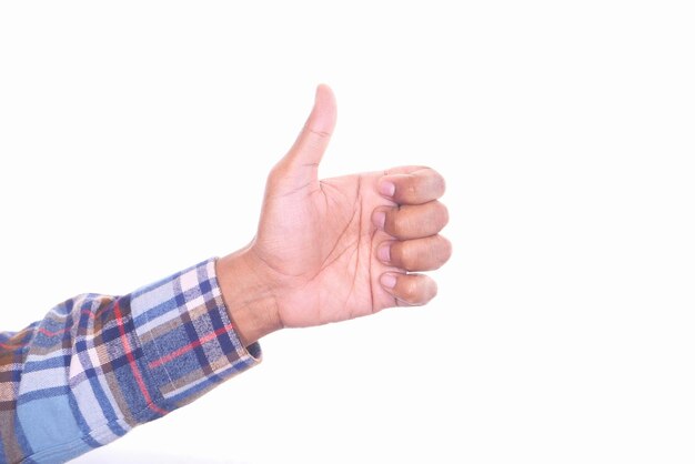 Photo man hand showing a thumbup on white background