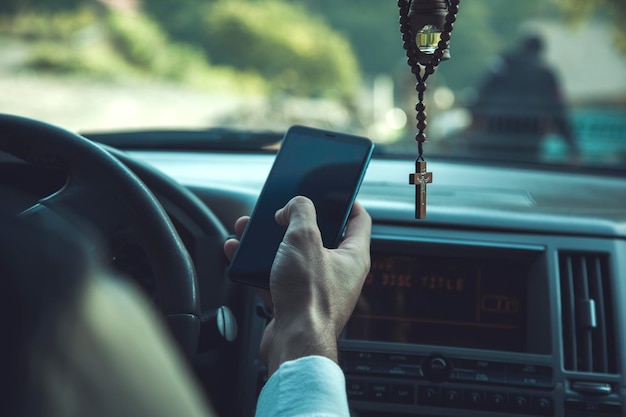 Man hand slimme telefoon in auto