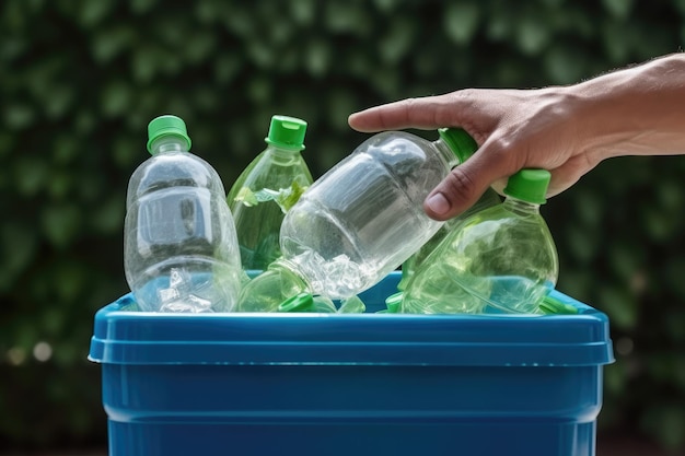 Man hand throwing away plastic bottle in recycling bin