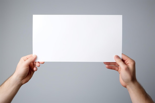 Photo man hand tossing a floating blank paper on white background