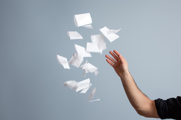 Man hand tossing a floating blank paper on white background