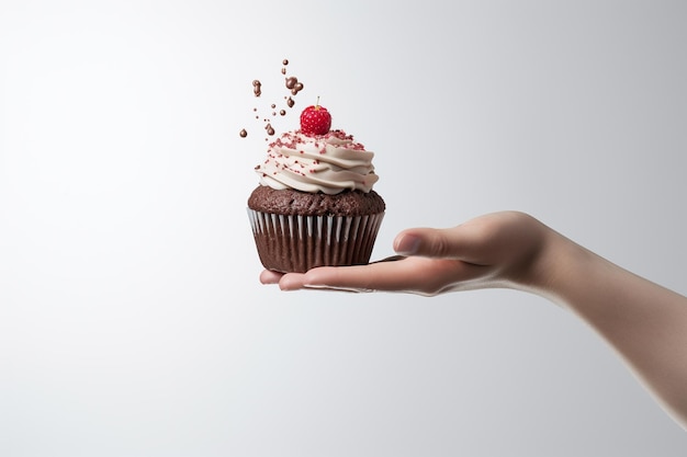 Photo man hand tossing a floating cup cake on white background