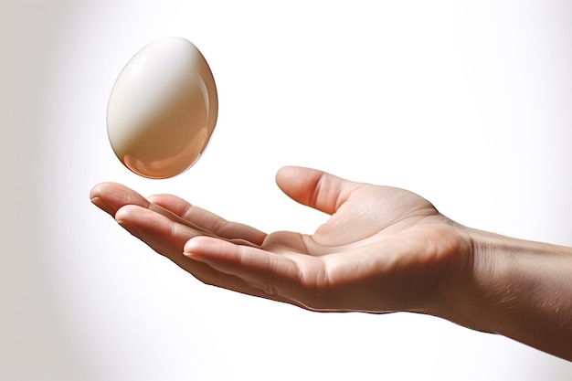 Man hand tossing a floating egg on white background