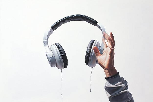 Man hand tossing a floating headphone on white background