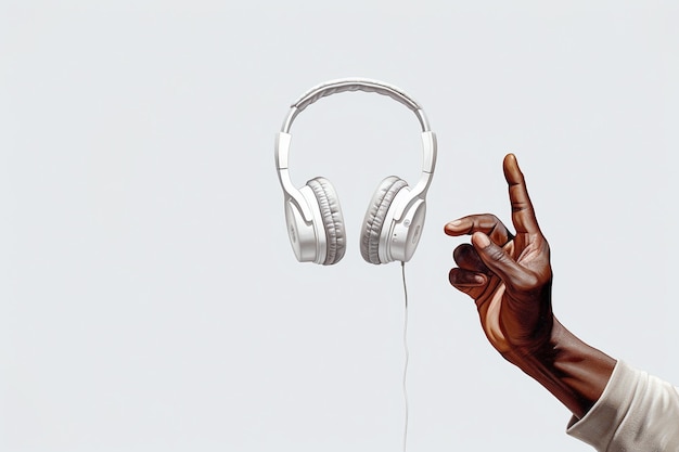 Man hand tossing a floating headphone on white background