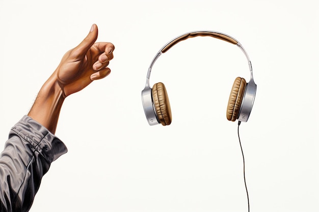 Man hand tossing a floating headphone on white background