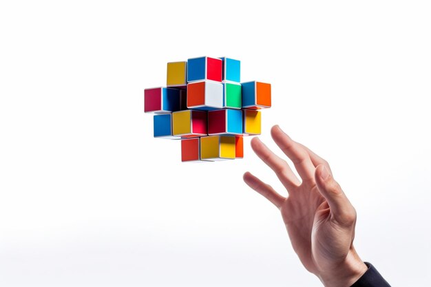 Man hand tossing a floating rubix cube on white background