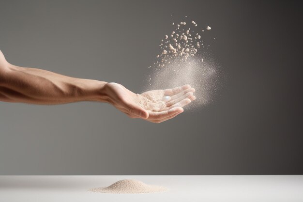 Man hand tossing a floating sand on white background