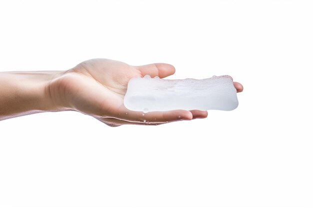 Man hand tossing a floating soap on white background