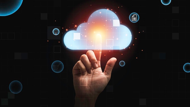 man hand touching virtual cloud computing for download upload data information  technology
