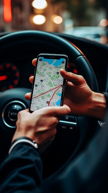 man hand using gps navigation inside ca