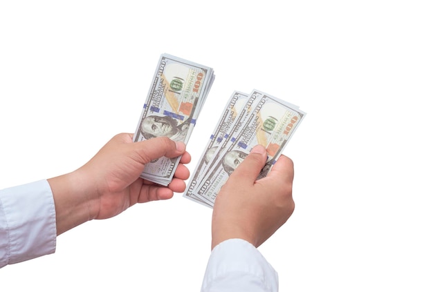 Man hand in white shirt counting dollar banknotes on isolated white background