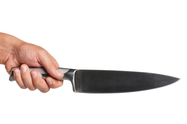 白い背景に分離された包丁を持つ男の手
