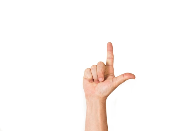 Фото Рука человека с жестом буквы l на белом фоне с копировальным пространством