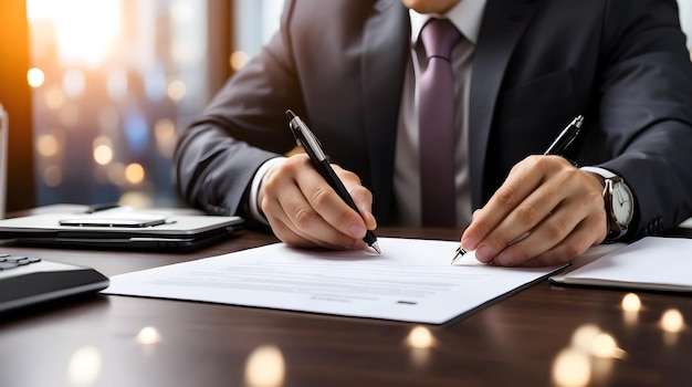 Мужчина с рукой, подписывающей обои Бизнесмен, подписывая визуальные эффекты Закрытие сделки или сцены контракта