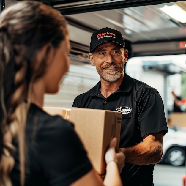 Man Handing Box to Woman