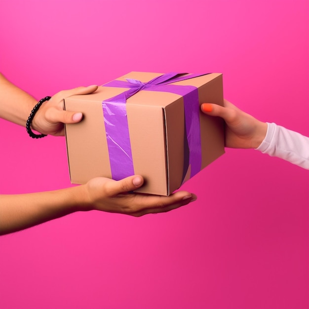 A man handing a box to a woman.