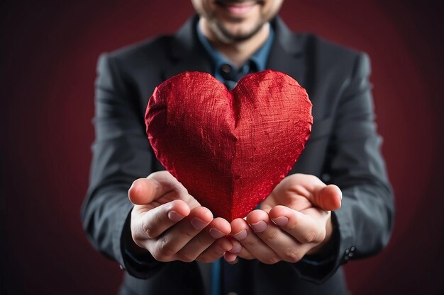 Человек вручает красное сердце символ святого Валентина