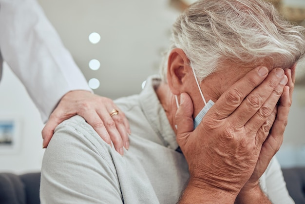 man hands covid face mask or sad in nursing home house or hospital and bad news cancer test results or anxiety doctor psychologist or counseling therapist and crying covid 19 retirement senior