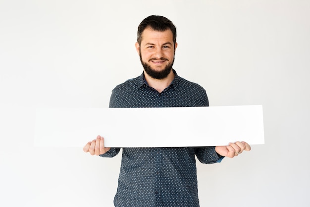 Photo man hands hold show blank box banner