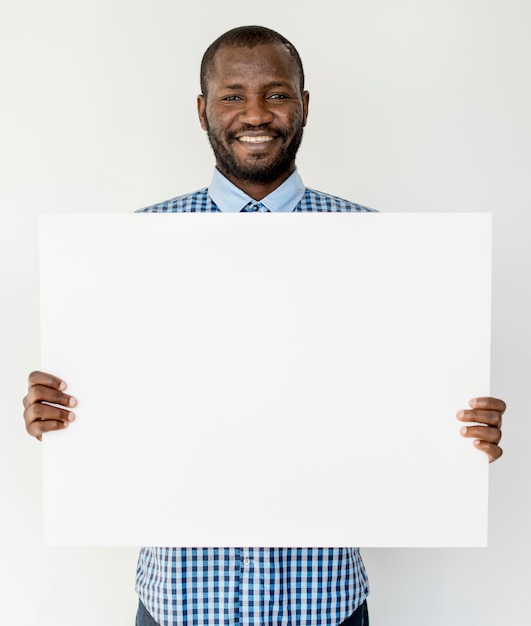man hands hold show blank paper board