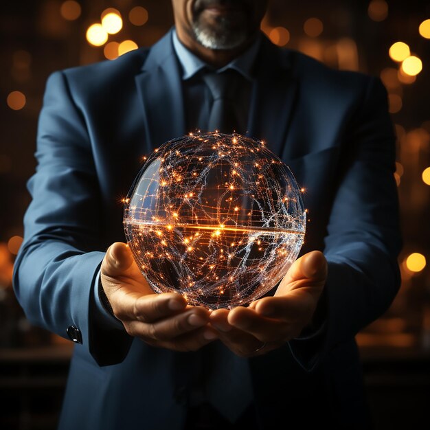 man hands holding blue earth and global networking connection and data exchanges