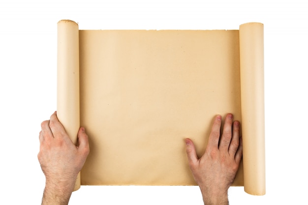 Man hands holding old stressed paper roll. Empty space, room for text, copy ,lettering. Vertical background.