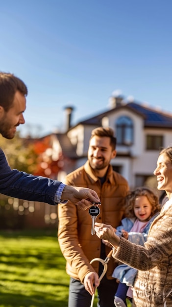 Photo a man hands a key to a woman in front of a house