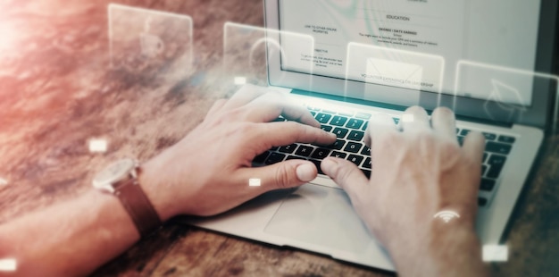 man hands or laptop hologram abstract in networking cybersecurity futuristic research or programming zoom developer or 3d it technology of dashboard software digital transformation or learning