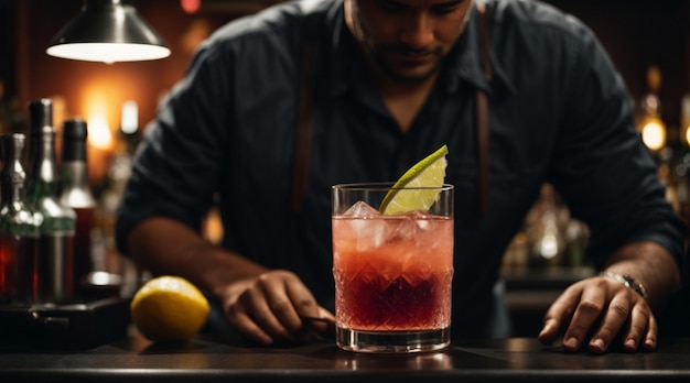 Man hands making cocktail on bar counter