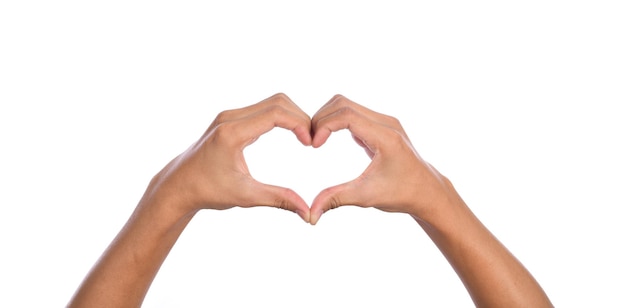 Photo man hands making a heart shape on a white isolated background