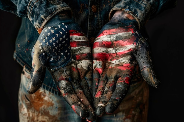 Руки человека, окрашенные в американский флаг.
