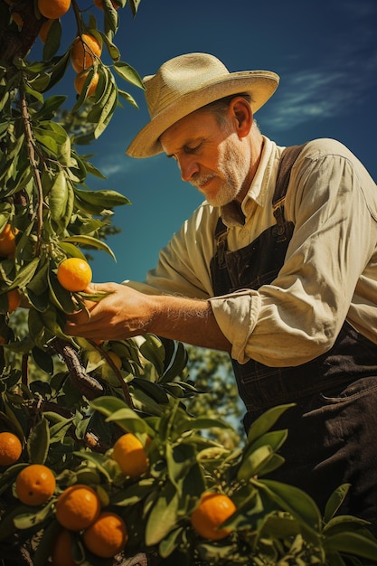 Photo man hands picking oranges on the tree