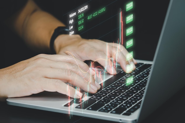 Man hands using computers to analyze data and investment charts
financial trading plans and digital banking technology
marketing