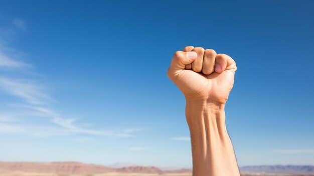 Man hands with clenched fist on sky background expressing freedom