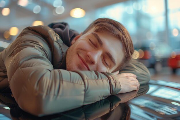 Photo man happily embraces new car in showroom