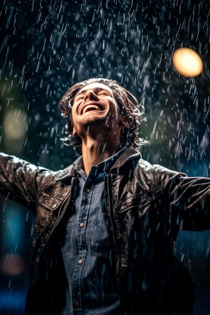 Photo a man happily enjoying the rain ai generative