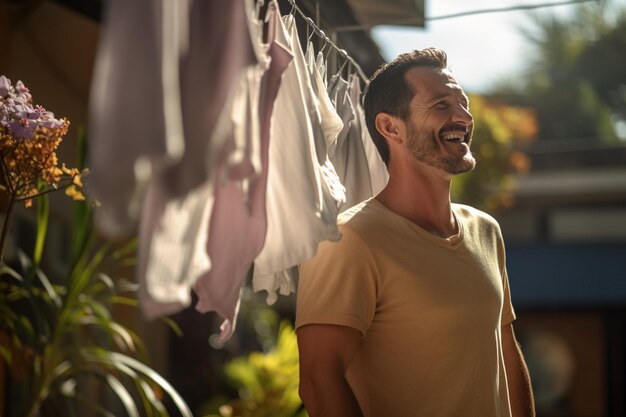 A man happily hangs his clothes at home in the daytime