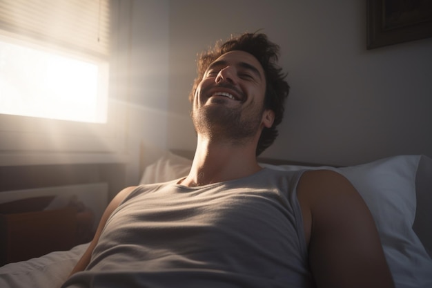 A man happily wakes up in white bedroom in morning