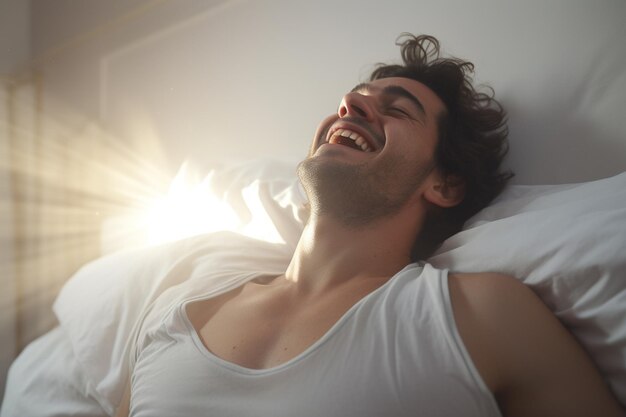 A man happily wakes up in white bedroom in morning