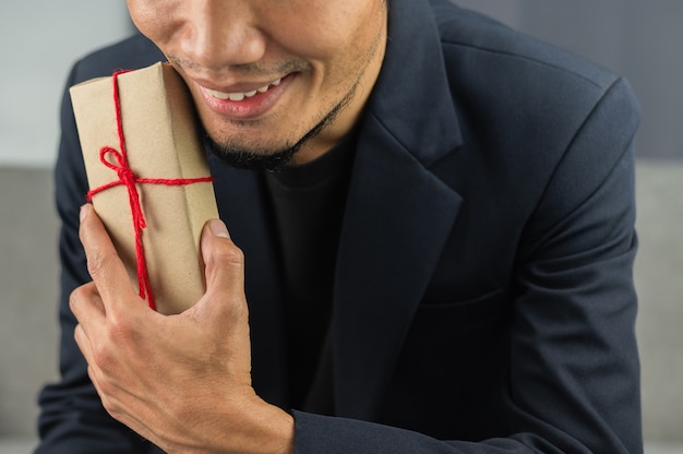 Man happy with gifts valentine's day