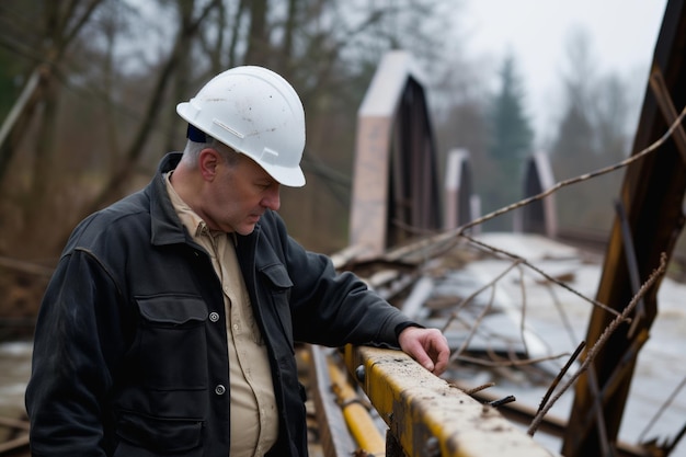 Foto uomo con cappello rigido che valuta un ponte crollato dopo una tempesta