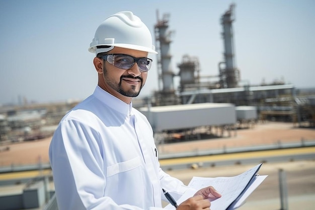 a man in a hard hat holding a clipboard