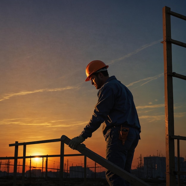 a man in a hard hat is climbing a ladder at sunset